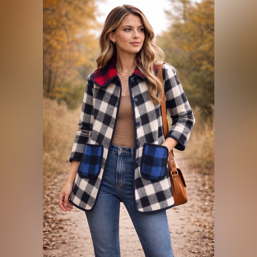 Plaid Wool Handmade Coat with Red and Blue Accents